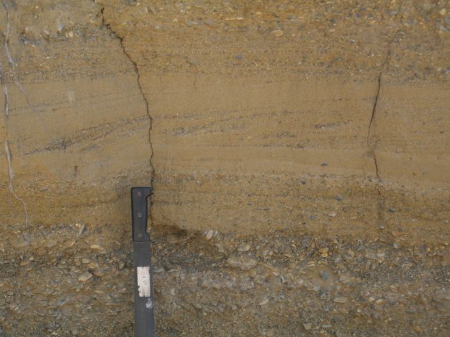  2006:09:11 00:51:36   NE BeachRdg1 - E side of gully - close-up of crossbedded sand - note gravel lags in crossbeds.jpg